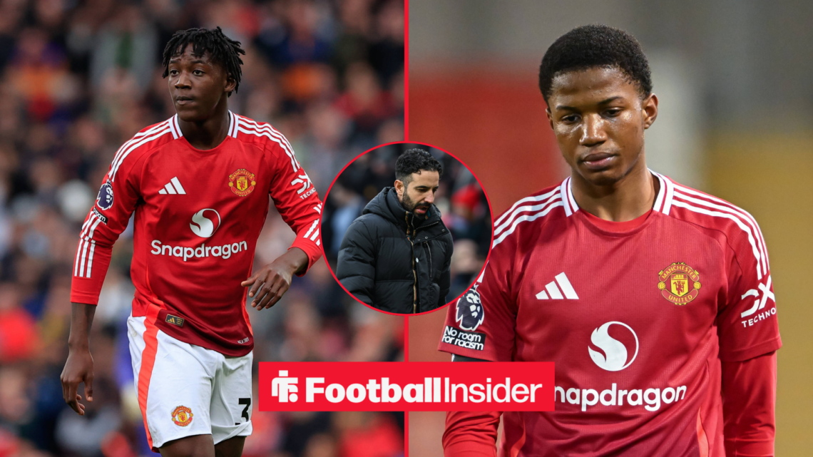 Kobbie Mainoo in a red Manchester United kit, next to Chido Obi Martin in a red Manchester United kit, In circle Ruben Amorim in a coat