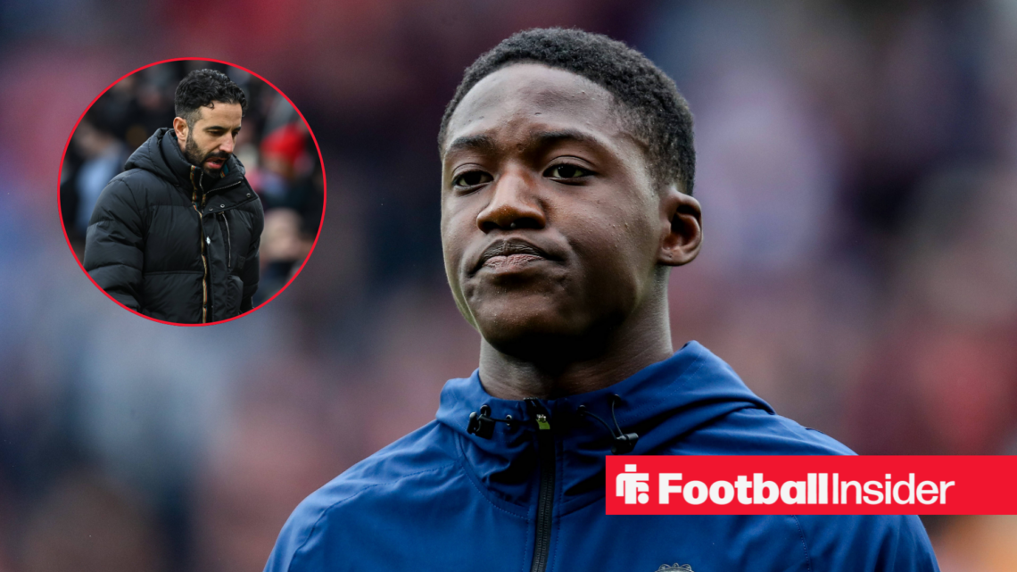 Kobbie Mainoo in a blue Manchester United tracksuit and Ruben Amorim in a black coat in a circle