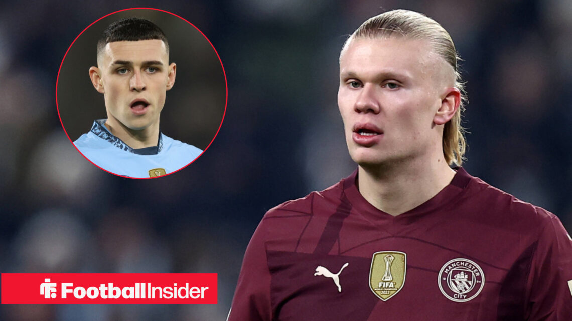 Erling Haaland in away Man City shirt with Phil Foden inset