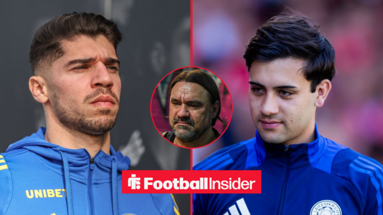 Manor Solomon on the left looking focused with Facundo Buonanotte on the right looking focused and Daniel Farke in the middle looking worried