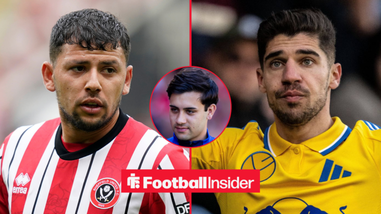 Gustavo Hamer on the left looking focused with Manor Salomon on the right in a yellow Leeds shirt and Facundo Buonanotte in the middle smirking