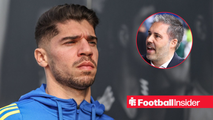 Manor Solomon while playing for Leeds walking into a stadium before a game looking right at Leicester manager Marti Cifuentes who is looking back a...