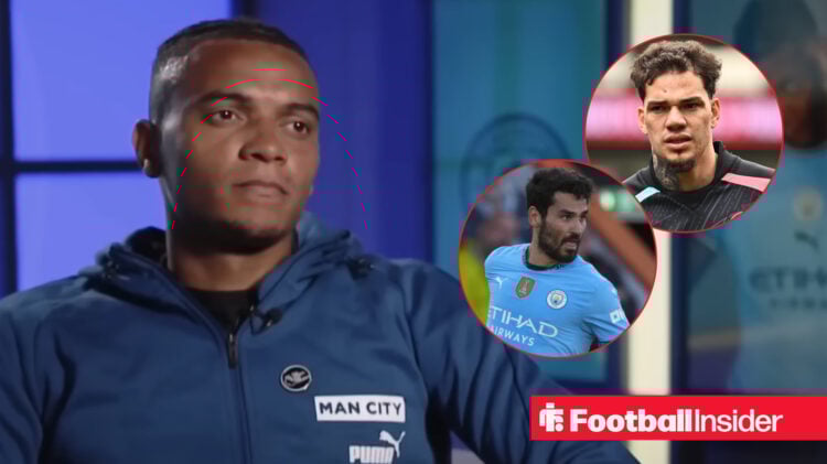 Manuel Akanji in a Man City interview, circular insets of Ederson and Ilkay Gundogan