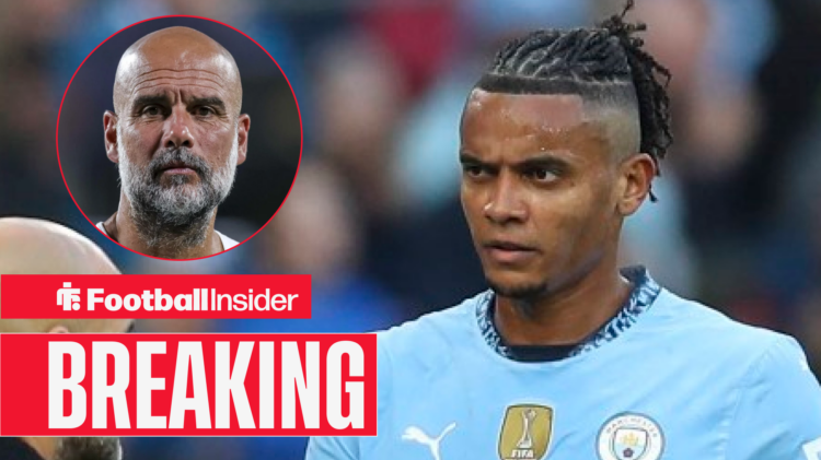 Manue+l Akanji frowning in a Man City shirt, with Pep Guardiola pictured in a circular inset