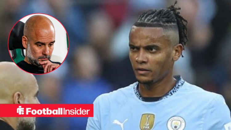 Manuel Akanji in Man City home shirt with distressed Pep Guardiola inset