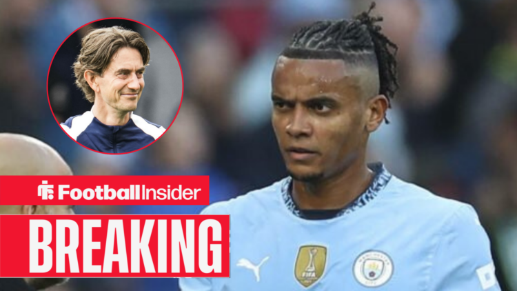 Manuel Akanji in action for Man City, Thomas Frank in a circular inset