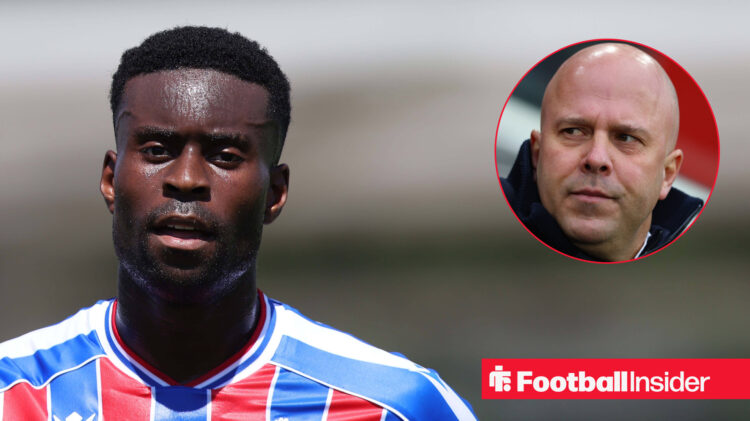 Crystal Palace defender Marc Guehi, a circular inset of Liverpool manager Arne Slot.