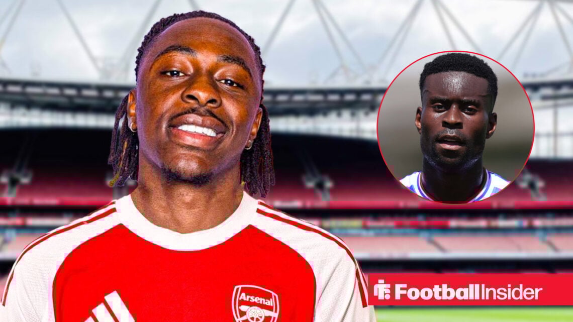 Crystal Palace's Marc Guehi looking ahead in their home kit in circular overlay with Eberechi Eze in an Arsenal kit smiling