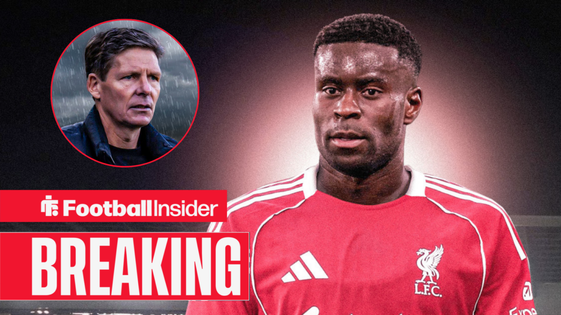 Marc Guehi edited in a Liverpool home kit, with Oliver Glasner in a circular inset