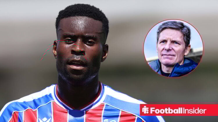 Crystal Palace's Marc Guehi looks ahead while playing in their home kit, with manager Oliver Glasner in a circular outlay looking at him
