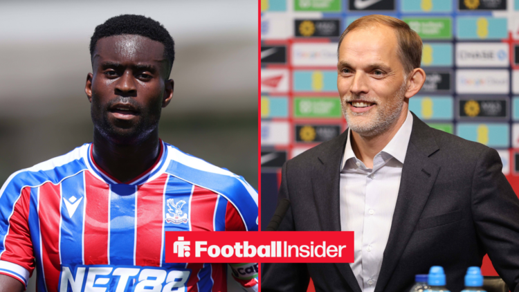 Marc Guehi in a Crystal Palace shirt alongside England boss Thomas Tuchel in a suit