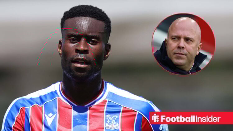 Marc Guehi in red and blue Crystal Palace kit and Arne Slot looking serious on the right