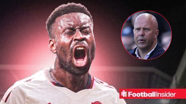Marc Guehi screaming in a Liverpool shirt with Arne Slot on the right looking on