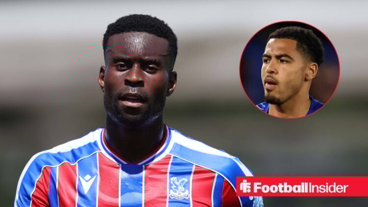 Marc guehi in red and blue crystal palace shirt to left of screen with levi colwill to the right looking at him for chelsea