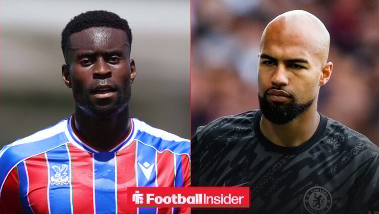 Marc Guehi on the left in a red and blue Crystal Palace shirt looking serious with Robert Sanchez on the right in a black kit looking stern