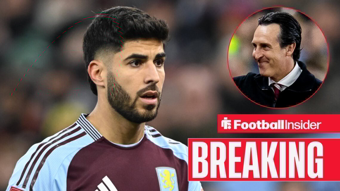 Marco Asensio featuring for Aston Villa in the 2024-25 season, with Unai Emery pictured in a circular inset