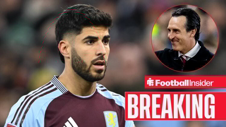 Marco Asensio featuring for Aston Villa in the 2024-25 season, with Unai Emery pictured in a circular inset
