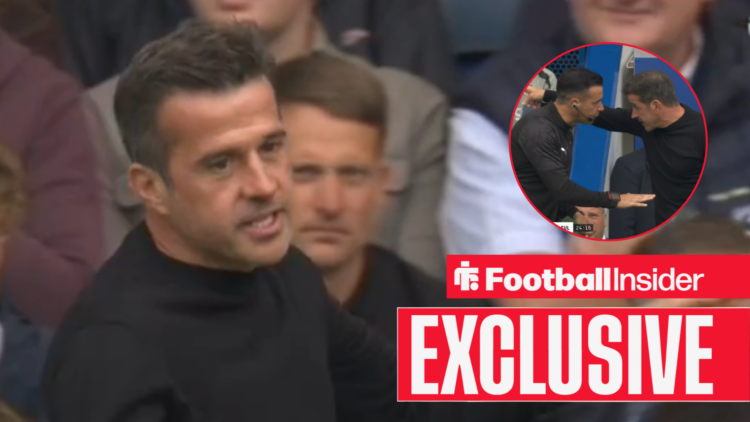 Marco Silva incensed on the left next to an exclusive sign with him on the right arguing with referee