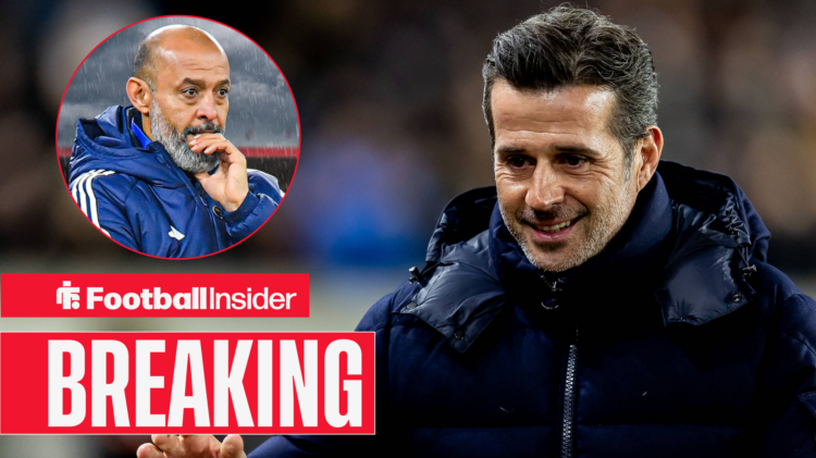 Marco Silva smiling, Nuno Espirito Santo in the pouring rain in a circular inset, Breaking News badge