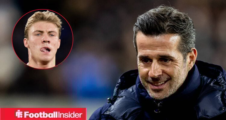 Fulham manager Marco Silva alongside a circular inset of Manchester United striker Rasmus Hojlund.