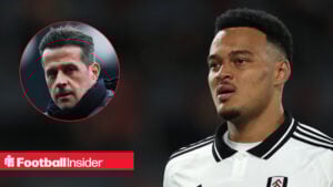 Rodrigo Muniz pictured during a Fulham match, alongside an image of manager Marco Silva.