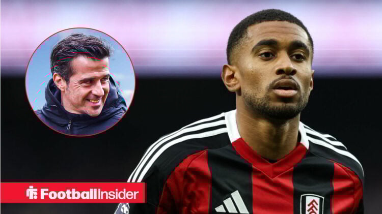 Fulham manager Marco Silva laughing at Arsenal's Reiss Nelson in a Fulham shirt