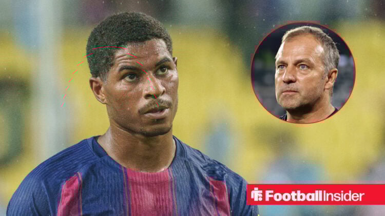 Marcus Rashford looking annoyed on the left and Hansi Flick on the right looking serious