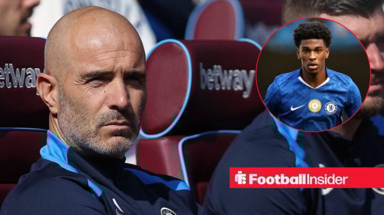 Enzo Maresca on the sidelines during a Chelsea match, next to an image of Josh Acheampong.