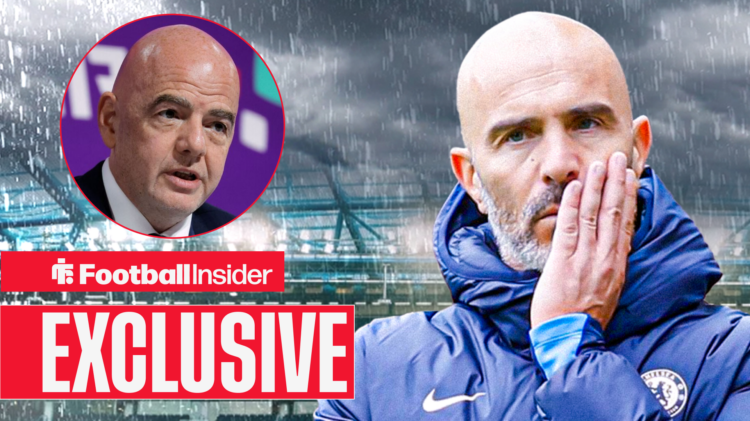 Exclusive news Chelsea manager Enzo Maresca looks across at FIFA's Gianni Infantino