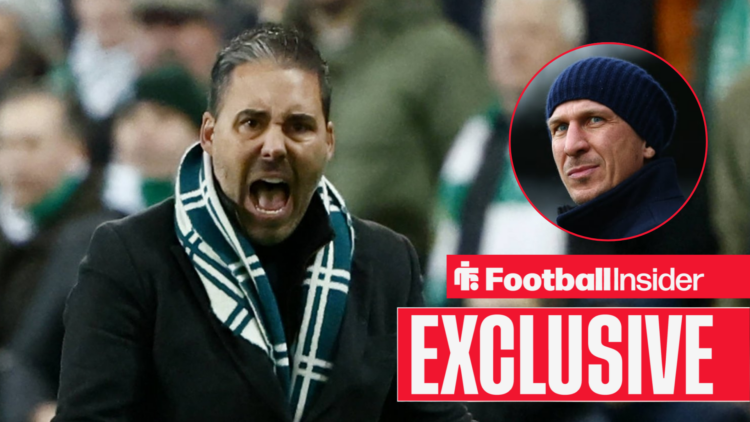 Leicester City boss Marti Cifuentes screams on the touchline, with Gerhard Struber in a circular inset