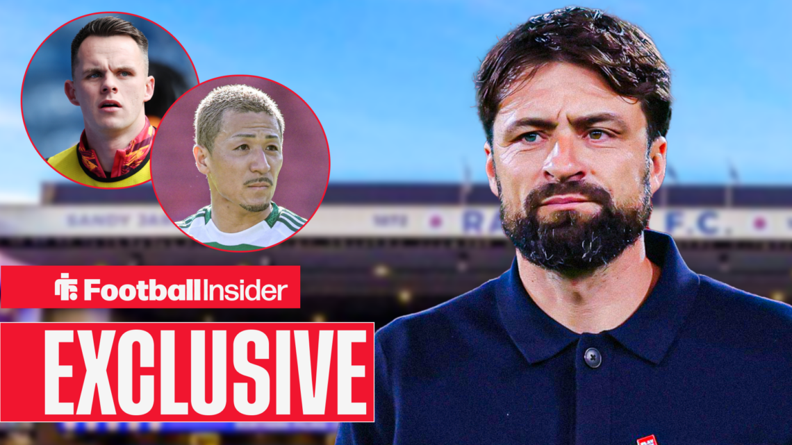 Russell Martin looks at Celtic striker Daizen Maeda and Hearts striker Lawrence Shankland in circular insets