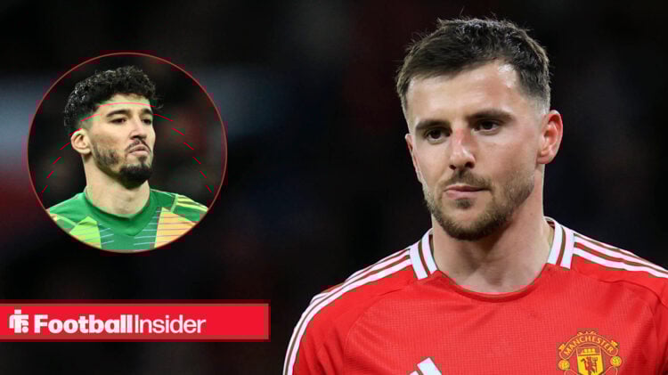Man United midfielder Mason Mount looking on during a match, next to an image of goalkeeper Altay Bayindir.