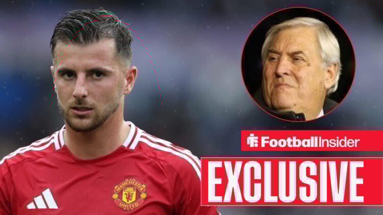 Manchester United midfielder Mason Mount alongside a circular inset of former Premier League referee Keith Hackett.