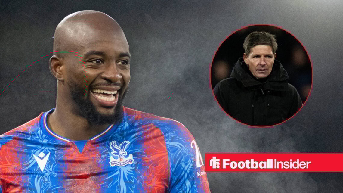 Jean-Philippe Mateta smiling during a Crystal Palace game, alongside an image of manager Oliver Glasner