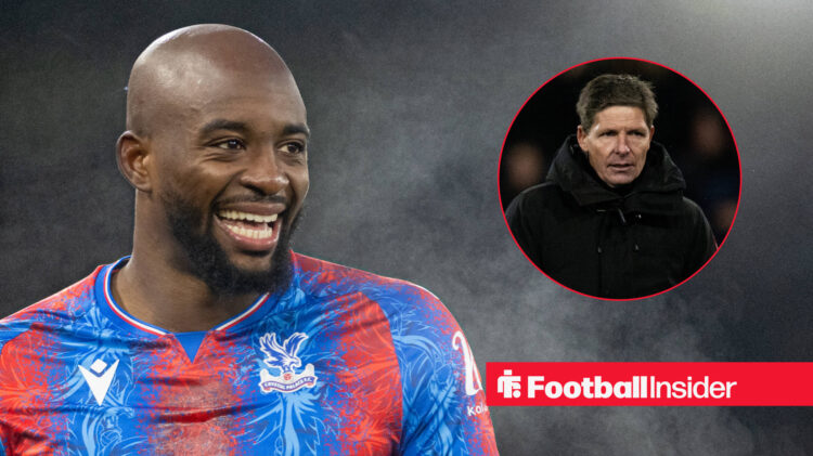 Jean-Philippe Mateta smiling during a Crystal Palace game, alongside an image of manager Oliver Glasner