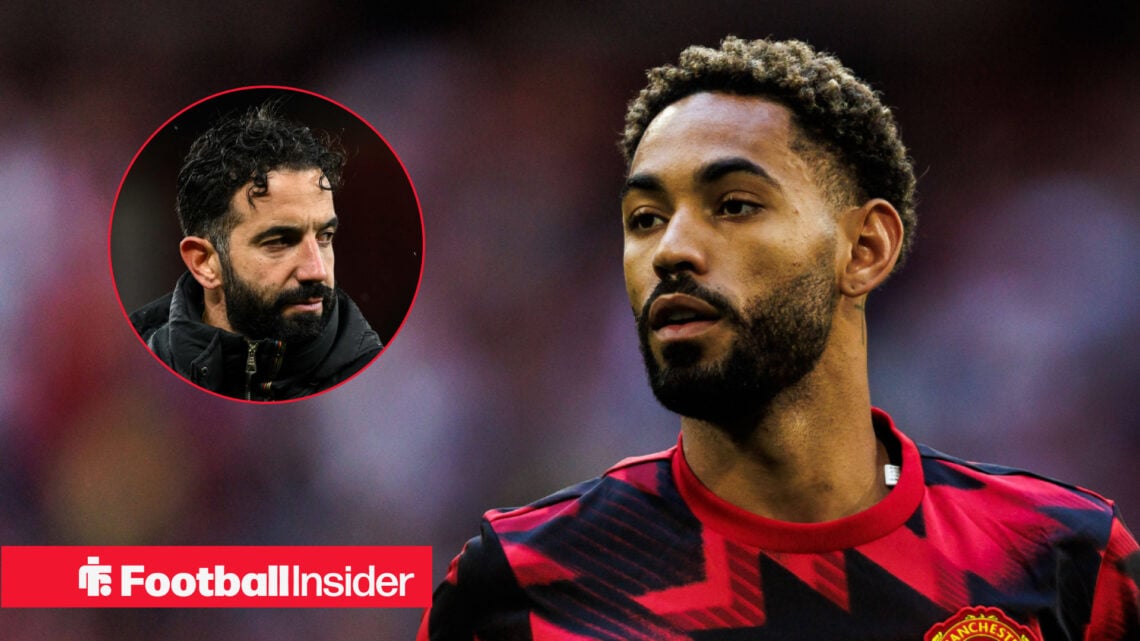 Man United's Matheus Cunha warming up and manager Ruben Amorim