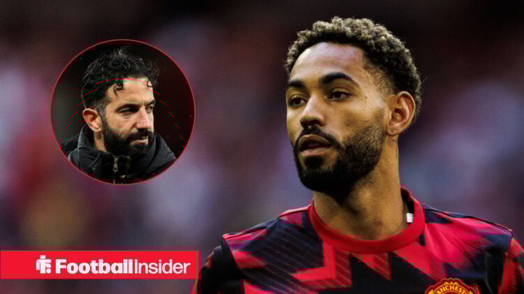 Man United's Matheus Cunha warming up and manager Ruben Amorim