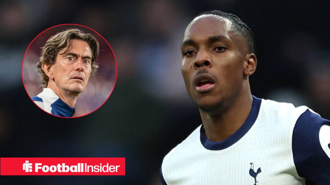Spurs Mathys Tel in action looking at manager Thomas Frank