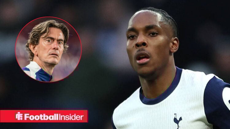 Spurs Mathys Tel in action looking at manager Thomas Frank