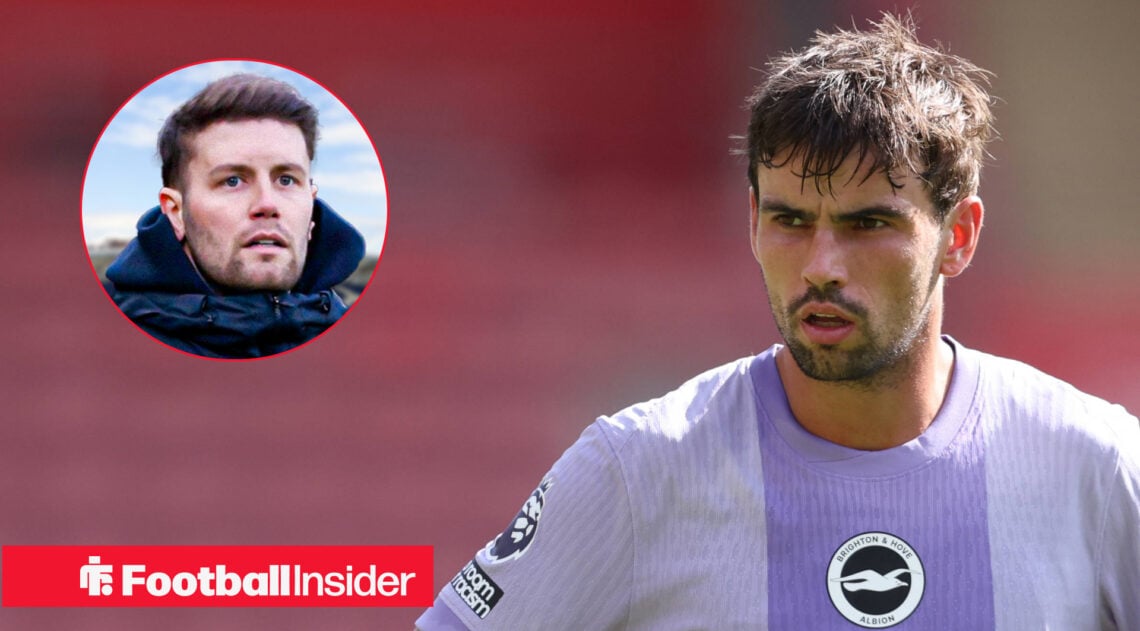 Brighton midfielder Matt O'Riley alongside a circular inset of Brighton manager Fabian Hurzeler.