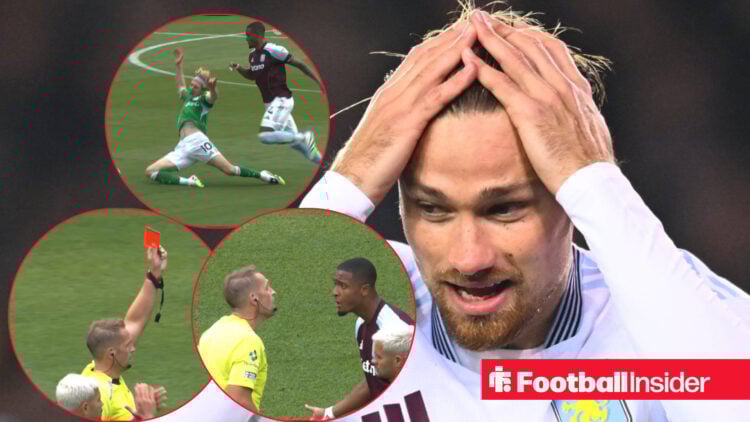 Ezri Konsa red card with referee sending off and Matty Cash with head in his hands