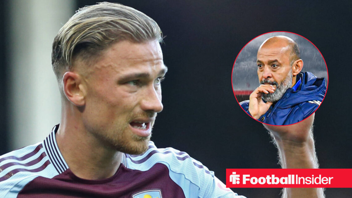 Aston Villa's Matty Cash in action looking at Nottingham Forest boss Nuno Espirito Santo inset who looks upset