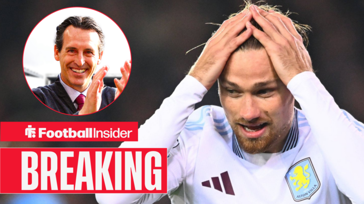 Aston Villa's Matty Cash with his head in his hands while playing and manager Unai Emery smiling inset