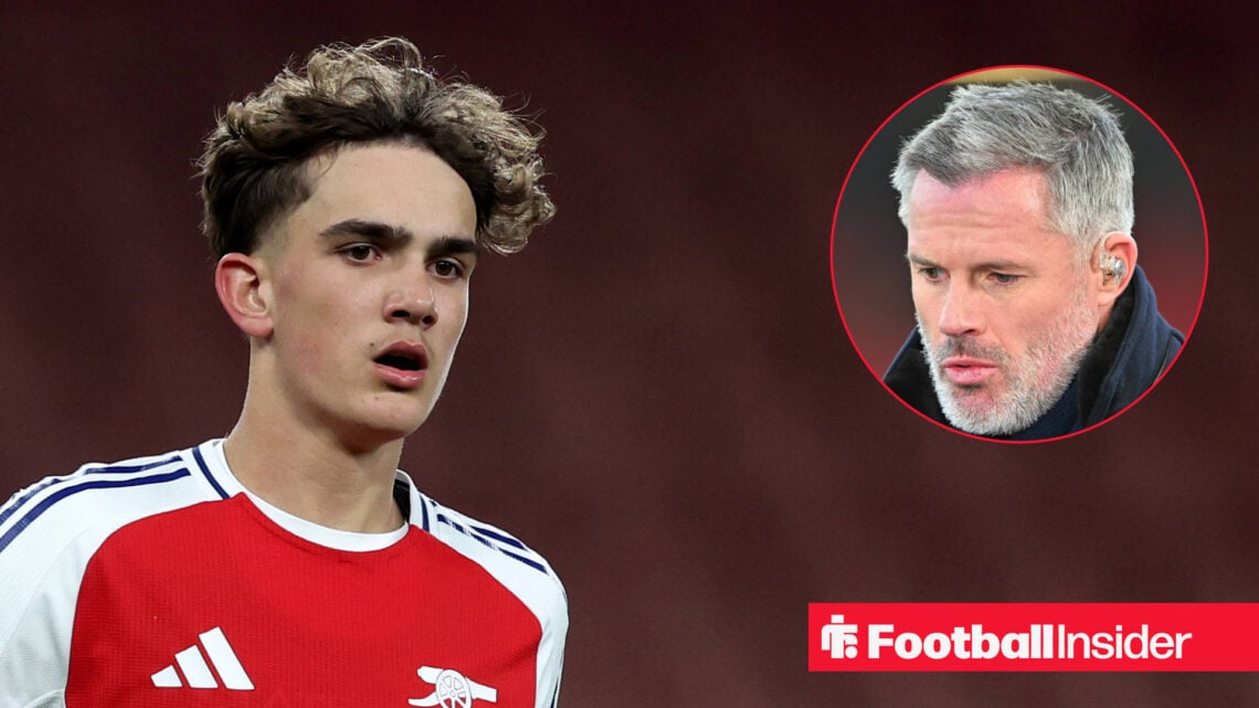 Arsenal midfielder Max Dowman in action alongside a circular inset of Jamie Carragher.
