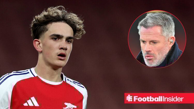 Arsenal midfielder Max Dowman in action alongside a circular inset of Jamie Carragher.