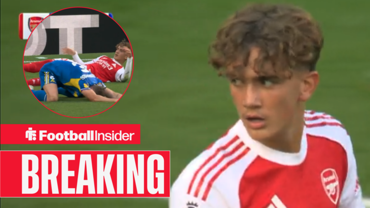 Max Dowman in action for Arsenal vs Leeds with picture of him being tackled by Gabriel Gudmundsson in inset