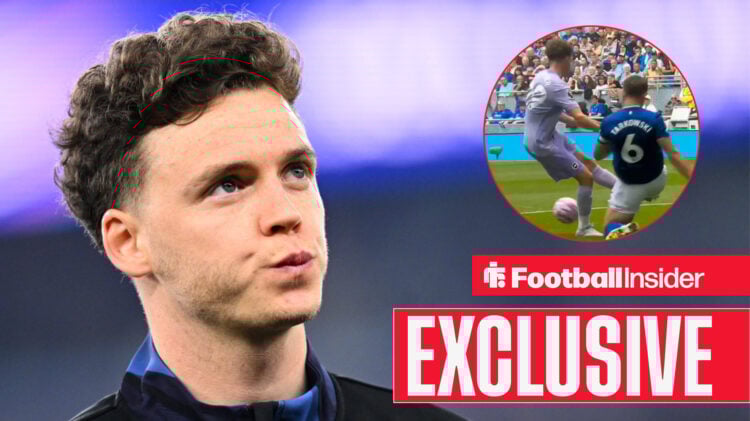 Maxim De Cuyper looking up, Brighton player's challenge on James Tarkowski in a circular inset, exclusive banner
