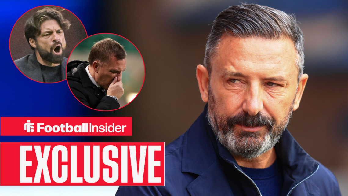 Hearts manager Derek McInnes looks across at Rangers boss Russell Martin and Celtic boss Brendan Rodgers in circular insets