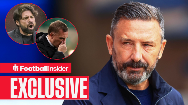 Hearts manager Derek McInnes looks across at Rangers boss Russell Martin and Celtic boss Brendan Rodgers in circular insets