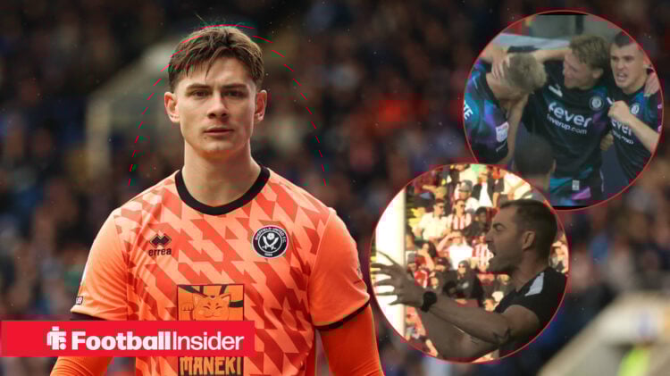 Michael Cooper in orange Sheffield United kit, Ruben Selles angry in the bottom right and Bristol City players celebrating in the top-right